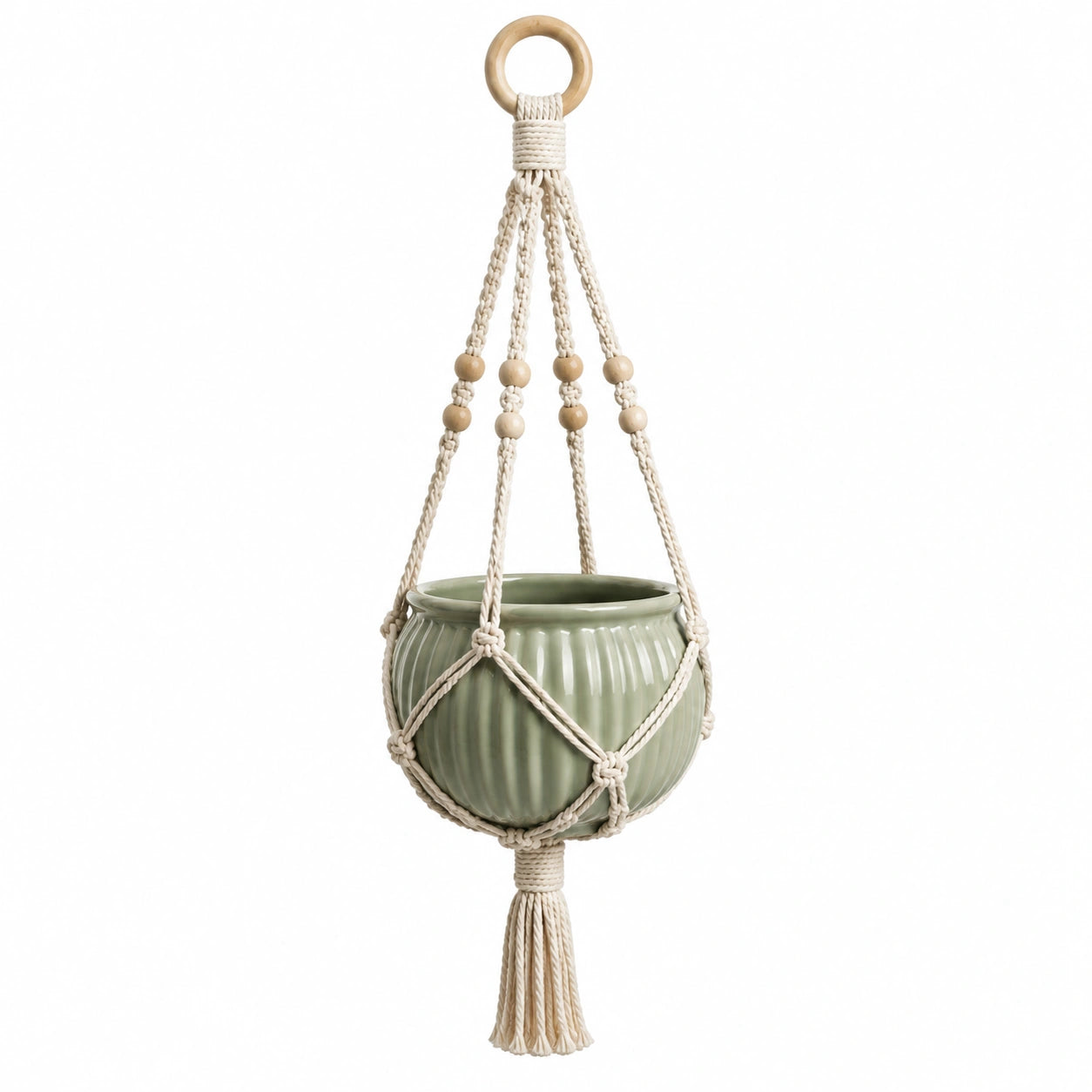 Hängeblumentopf 18 cm Keramik Grün mit Baumwollseil im Boho Stil