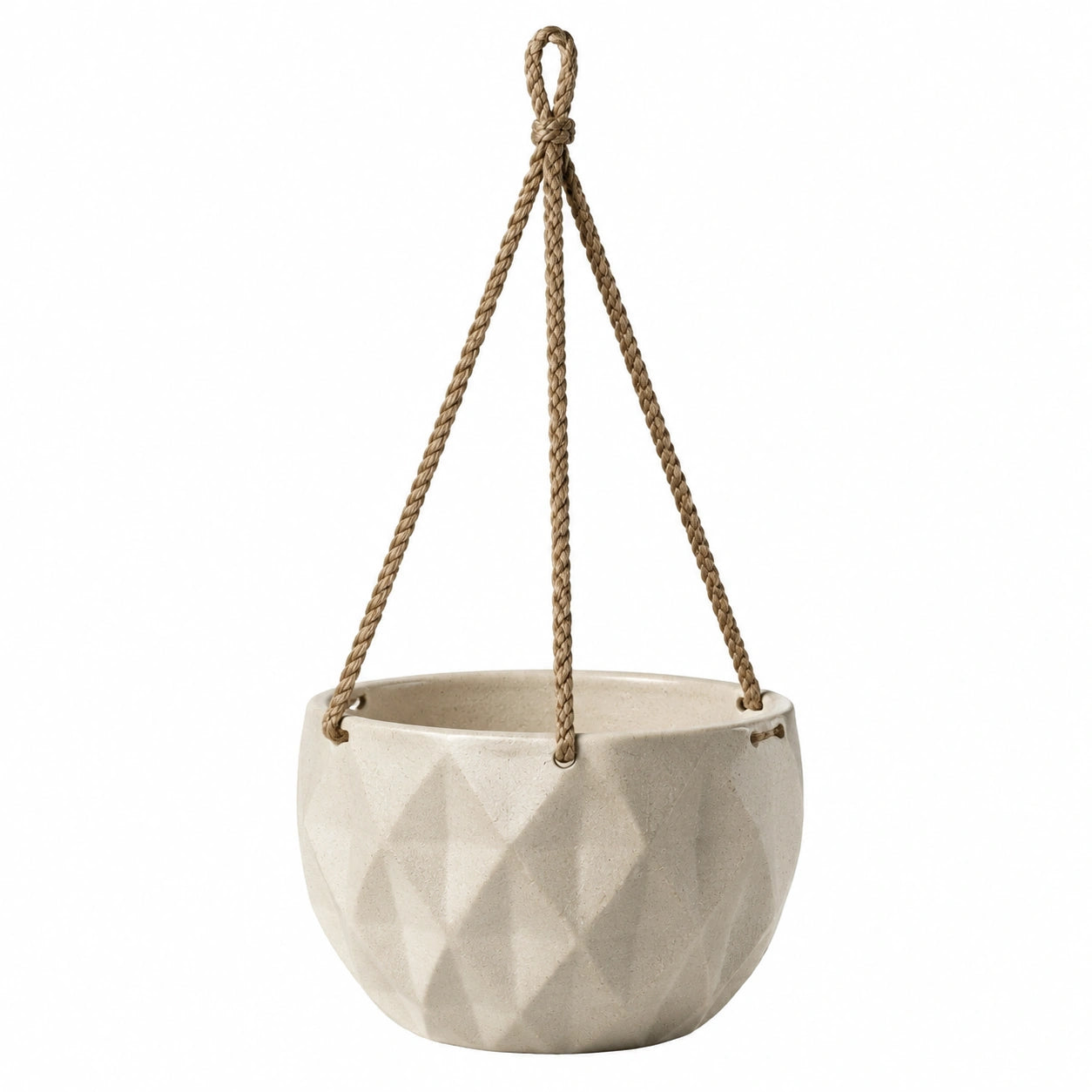 Hängeblumentopf 20 cm Keramik Beige mit Kordel geometrisch
