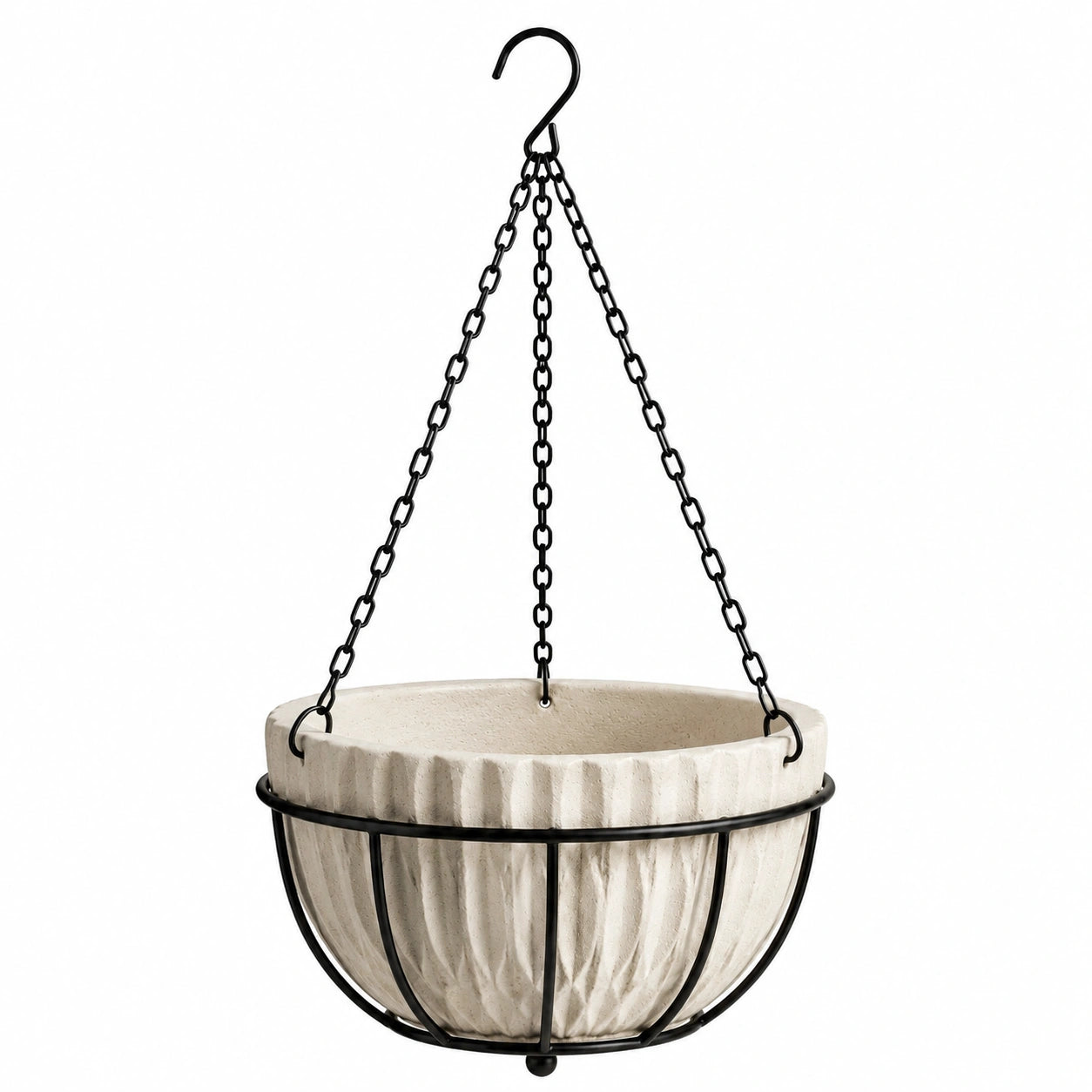 Hängeblumentopf Ø 30 cm aus Keramik in Beige mit schwarzer Metallaufhängung