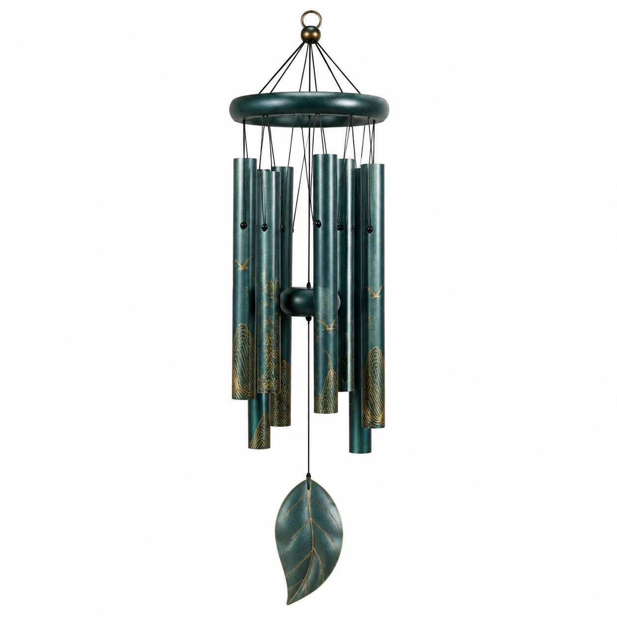 Windspiel 90 cm aus Metall Dunkelgrün Gold mit Röhren und Blattanhänger