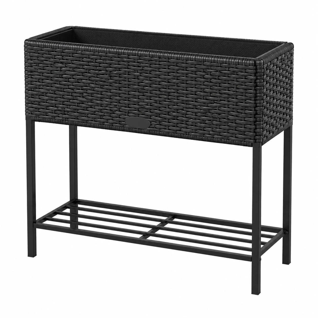Hochbeet 80 x 30 x 80 cm aus Polyrattan und Metall Schwarz mit Ablage für Balkon und Terrasse