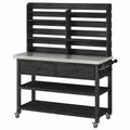 Gartenarbeitstisch 120 x 60 x 190 cm Holz Schwarz mit Edelstahl-Arbeitsplatte und Rollen