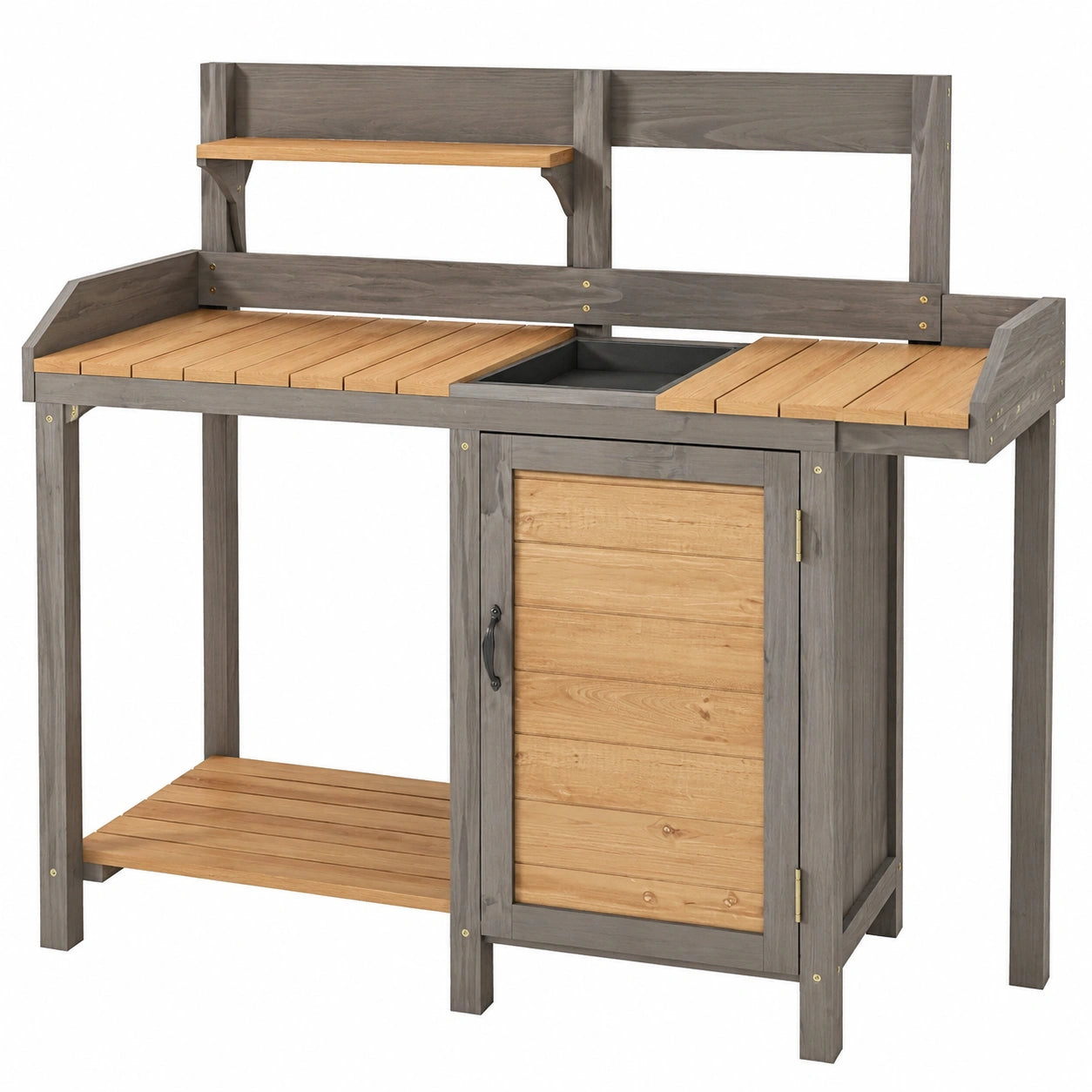 Gartenarbeitstisch 120 x 55 x 160 cm aus Holz grau/natur mit Stauraum und Pflanzwanne